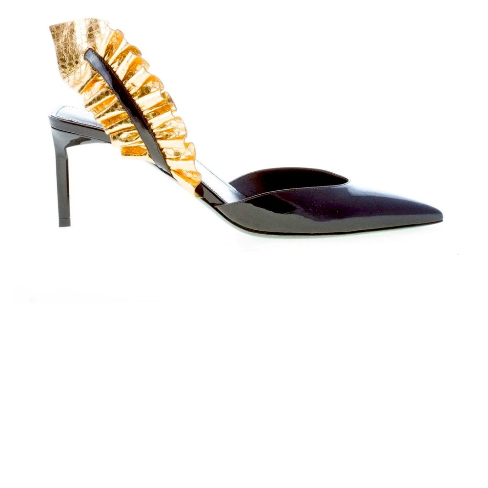 SAINT LAURENT EDIE Slingback Pump Heel Shoe Gold Black Patent-likeNew!originals!